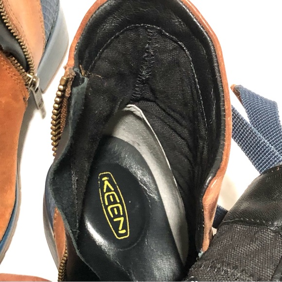 Keen Brown Suede Ankle Booties with Navy Strap Detail - Picture 3 of 11